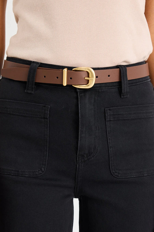 Dark Brown Gold Buckle Leather Belt