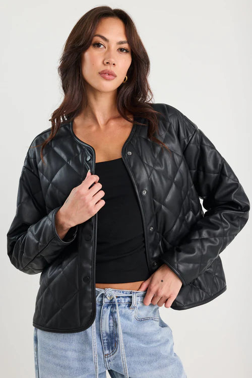 Apex Black Leather Collarless Quilted Puffer Jacket