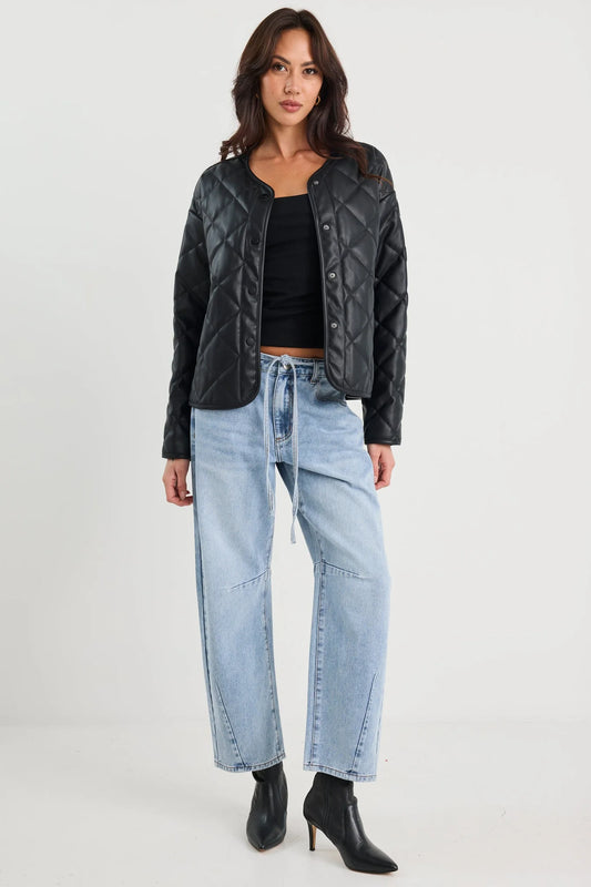 Apex Black Leather Collarless Quilted Puffer Jacket
