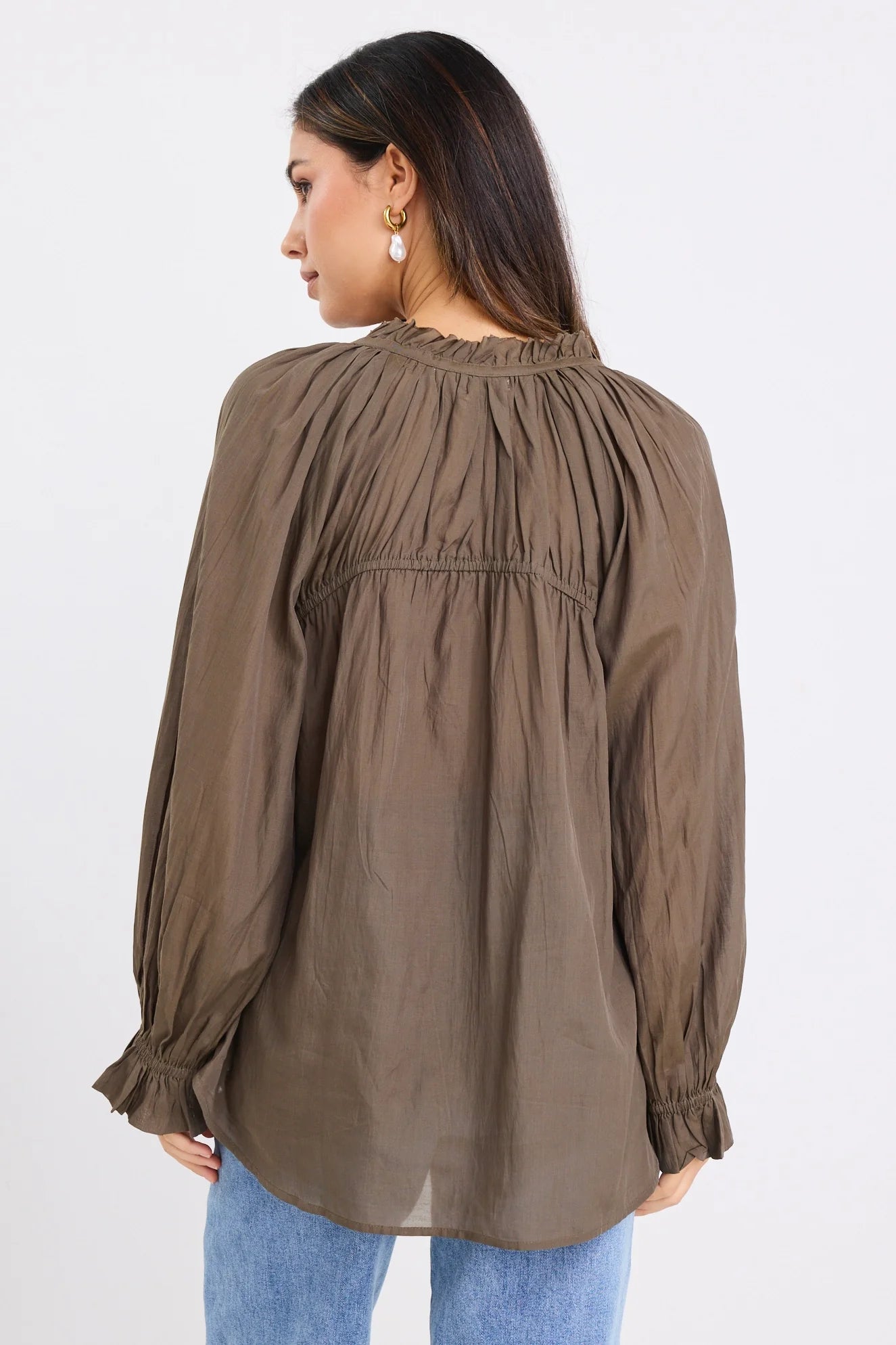 Artist Olive Voile LS Tie Front Relaxed Gathered Top