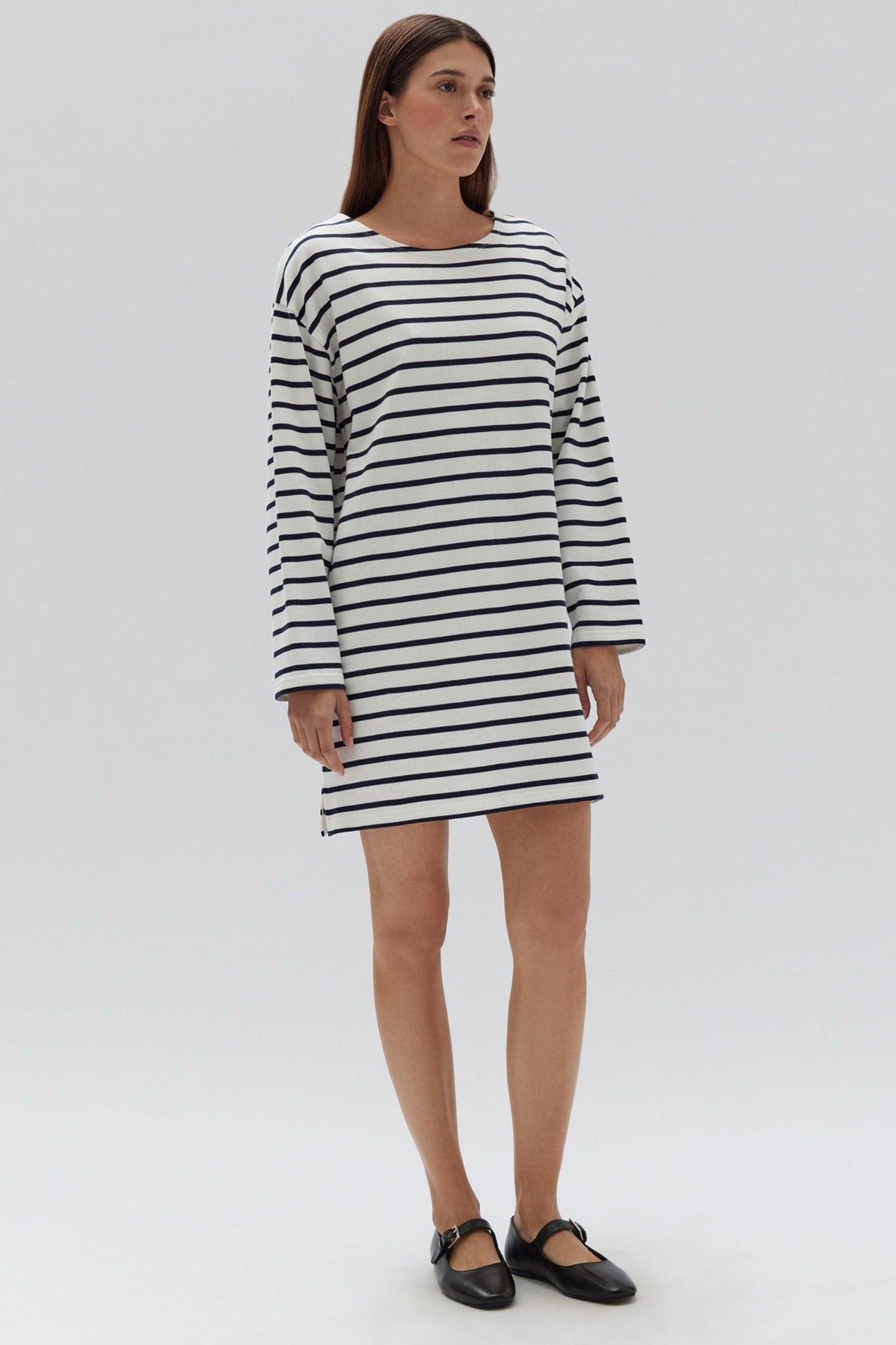Bateau Long Sleeve Tee Dress - True Navy/White