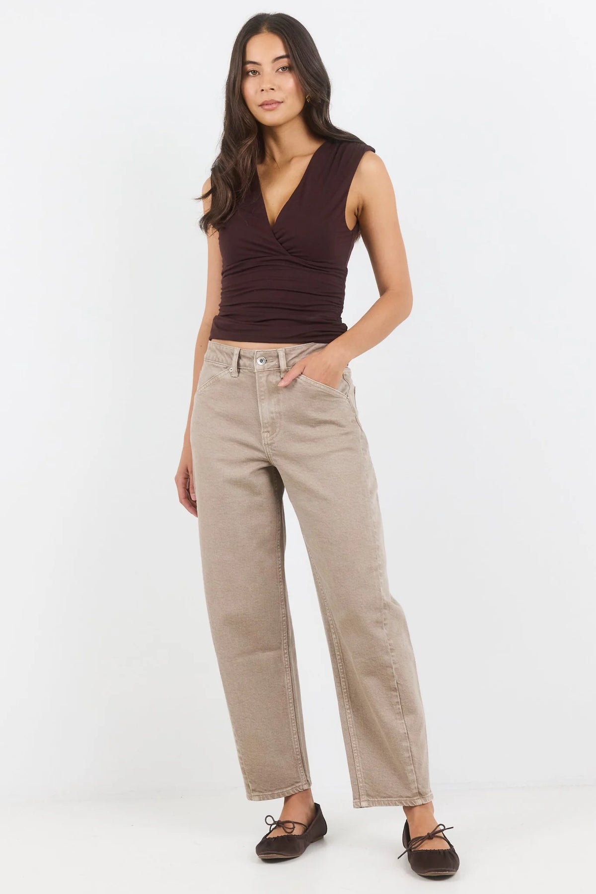 Idolise Taupe Stretch Soft Barrel Jean