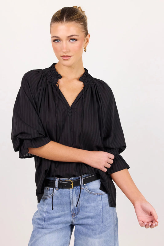Expedition Black Self Stripe Shirred Neck Short Sleeve Top