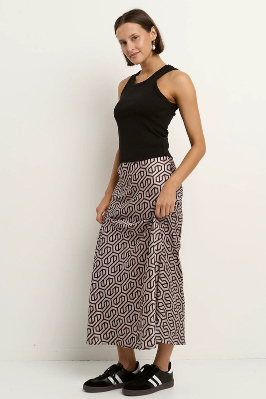 Faithful Black Geo Print Satin Bias Midi Skirt