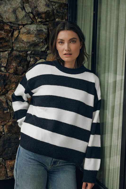 Kenzie Stripe Knit Crew - Navy/White
