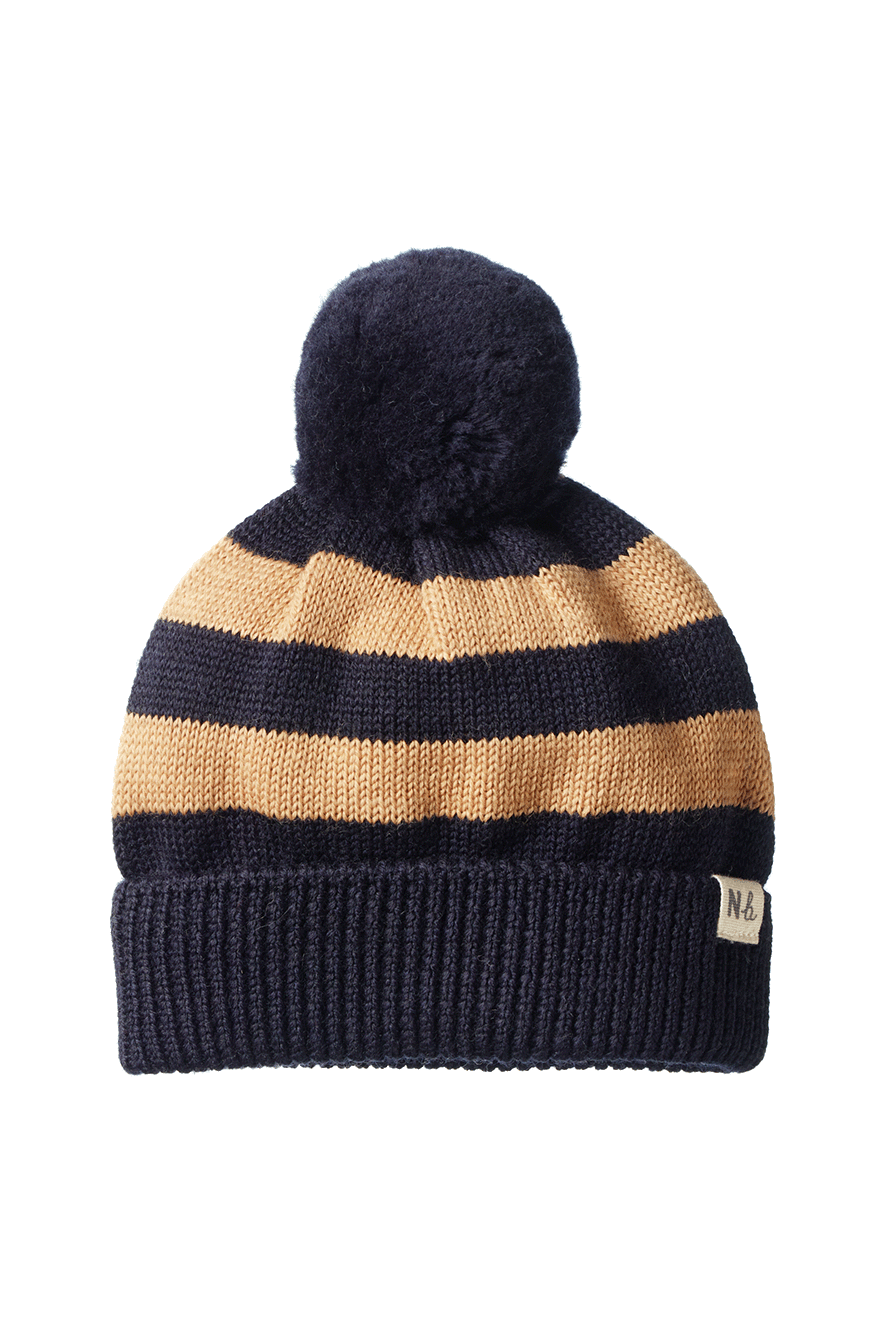 Alpine Pom Pom Beanie - Navy and Caramel