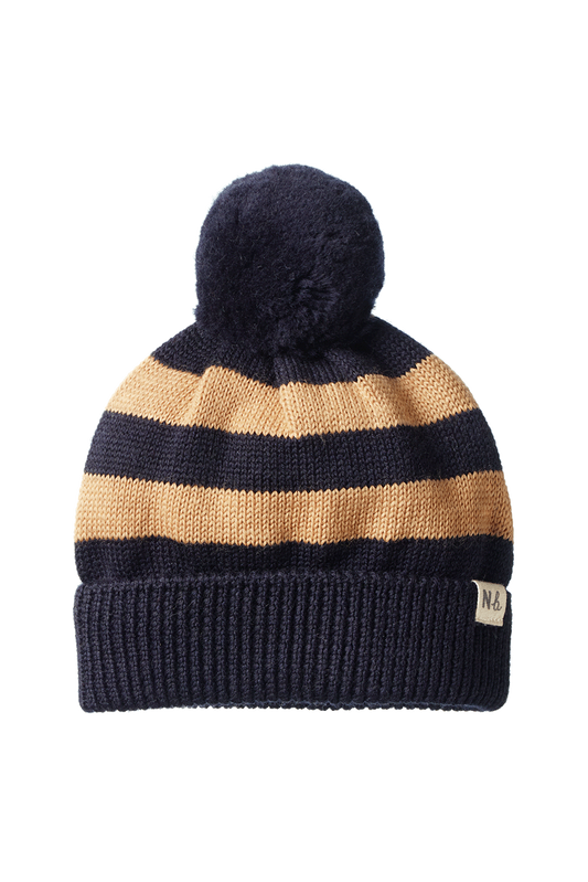 Alpine Pom Pom Beanie - Navy and Caramel