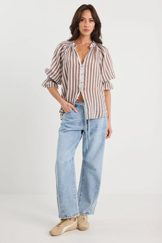 Noetic Chocolate Stripe Short Sleeve Blouse
