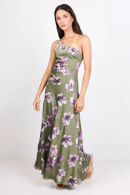 Prolific Olive Lilac Floral Satin One Shoulder Bias Slip Maxi Dress