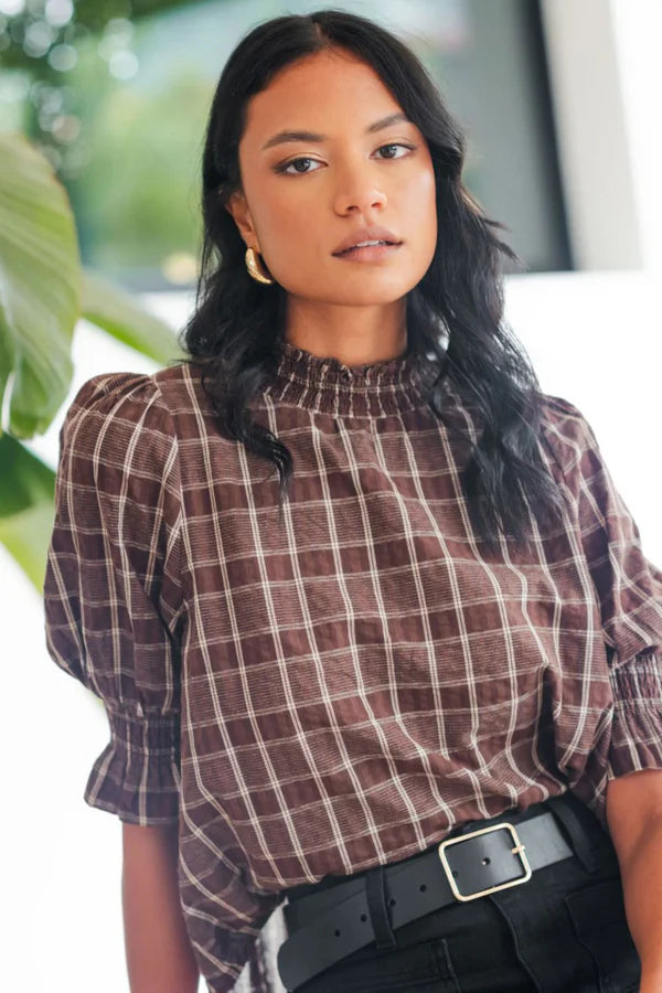Influential Chocolate Check High Neck Top