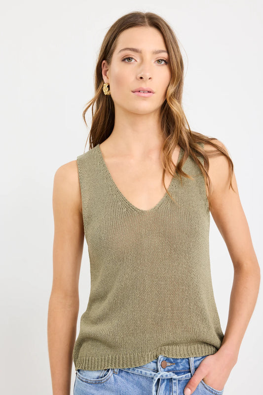 Settler Khaki V Neck Sleeveles Knit Top