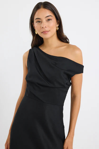 Spotlight Black Linen Blend Off Shoulder Flare Midi Dress