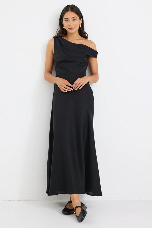 Spotlight Black Linen Blend Off Shoulder Flare Midi Dress