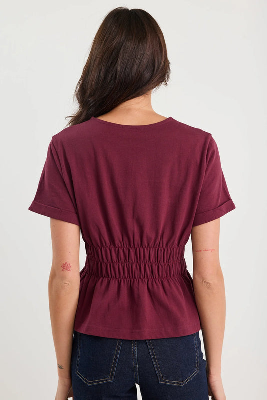 Svelte Burgundy Shirred Detail SS Tee
