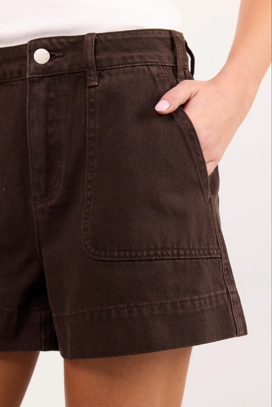Kindly Dark Chocolate Pocket Front Denim Shorts