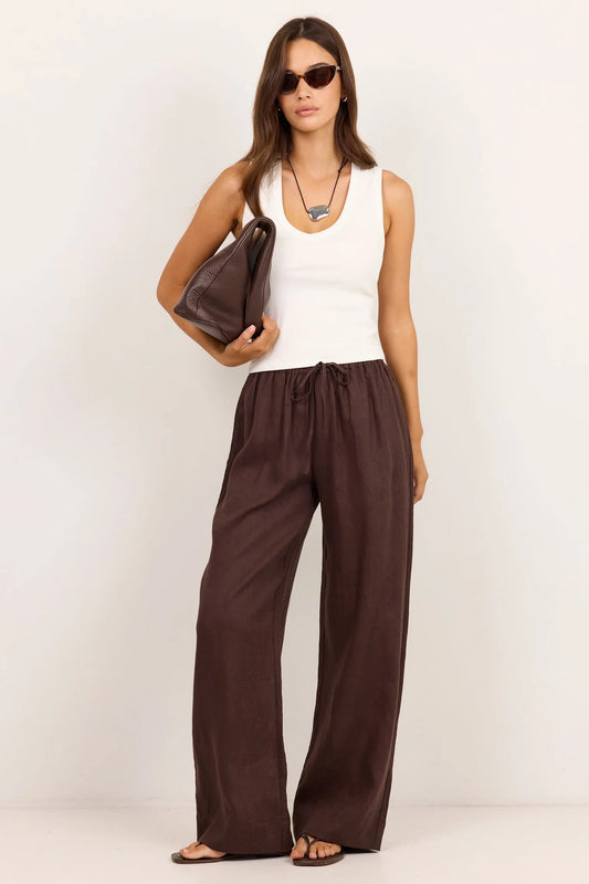 Wellness Dark Chocolate Linen Pull On Wide Leg Pants