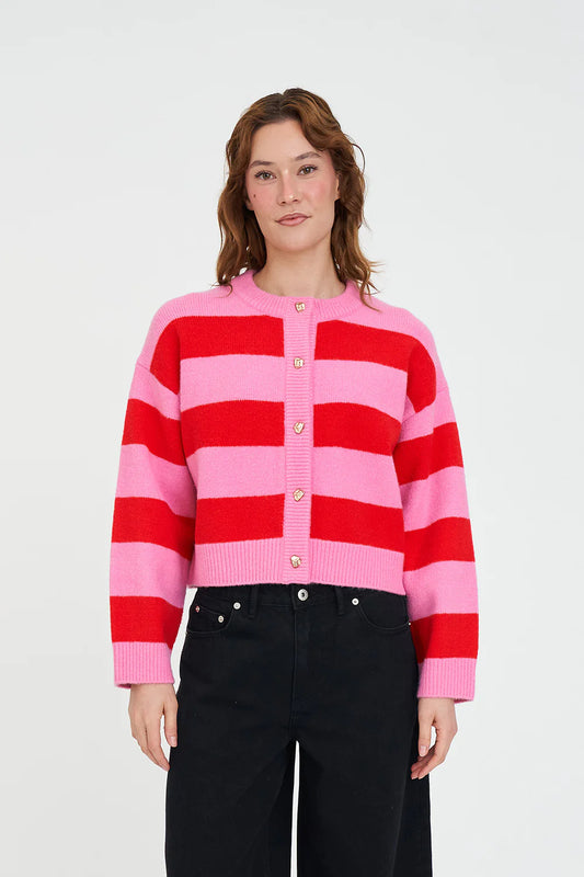Elle Crop Stripe Cardigan - Pink and Red