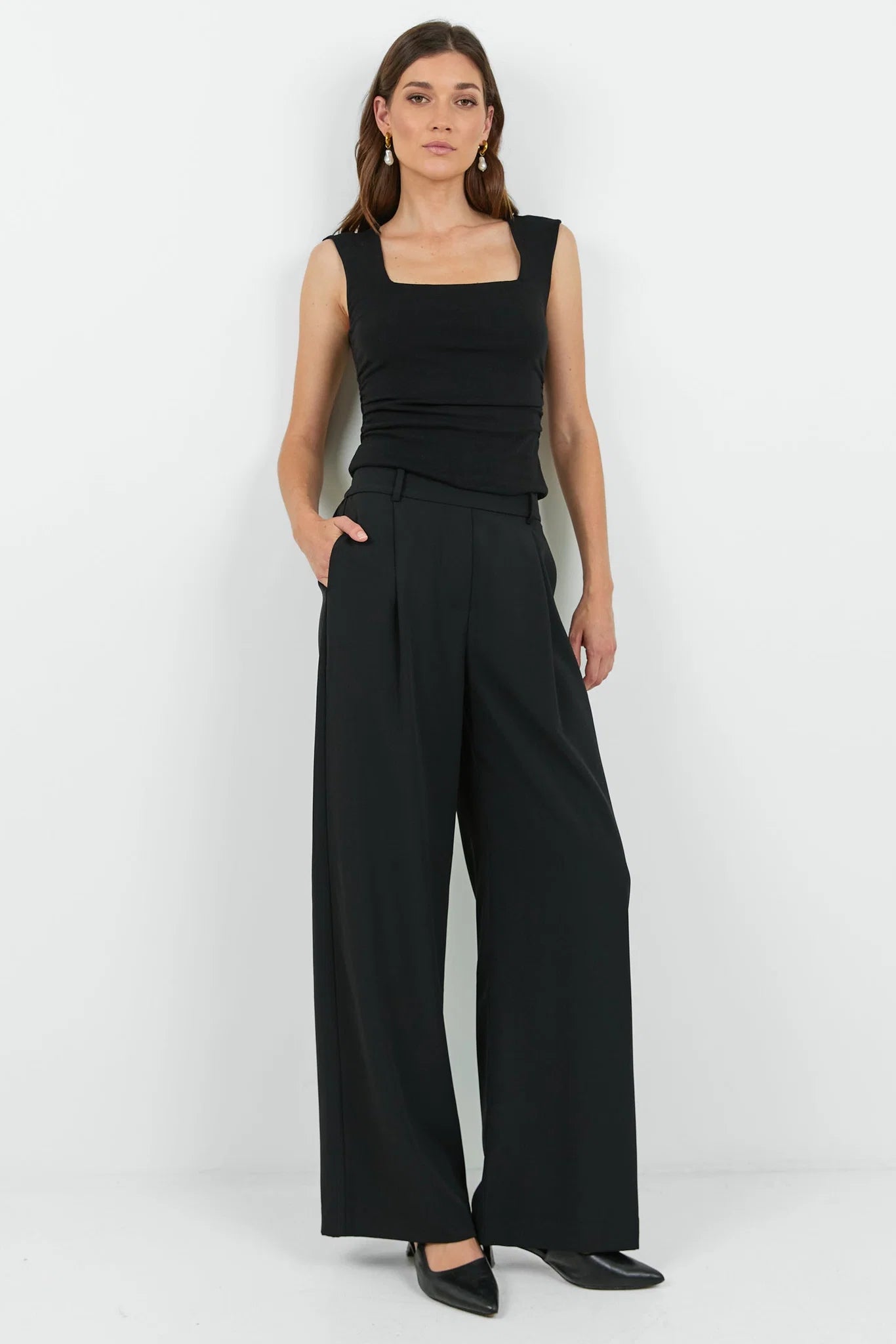 Business Black Wide Leg Pleat Front Pants