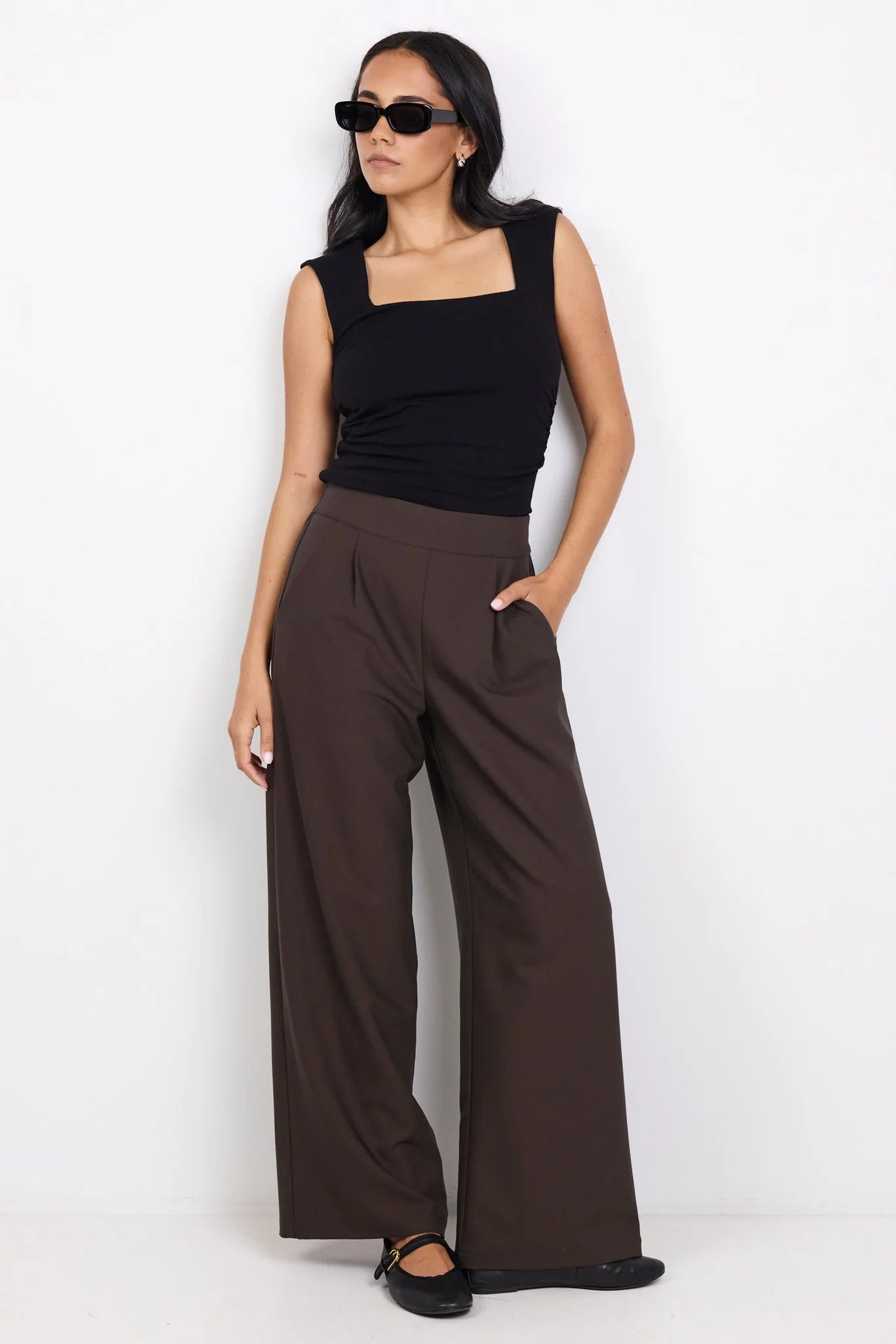 Instinctive Dark Chocolate Petite Wide Leg Elastic Back Pants