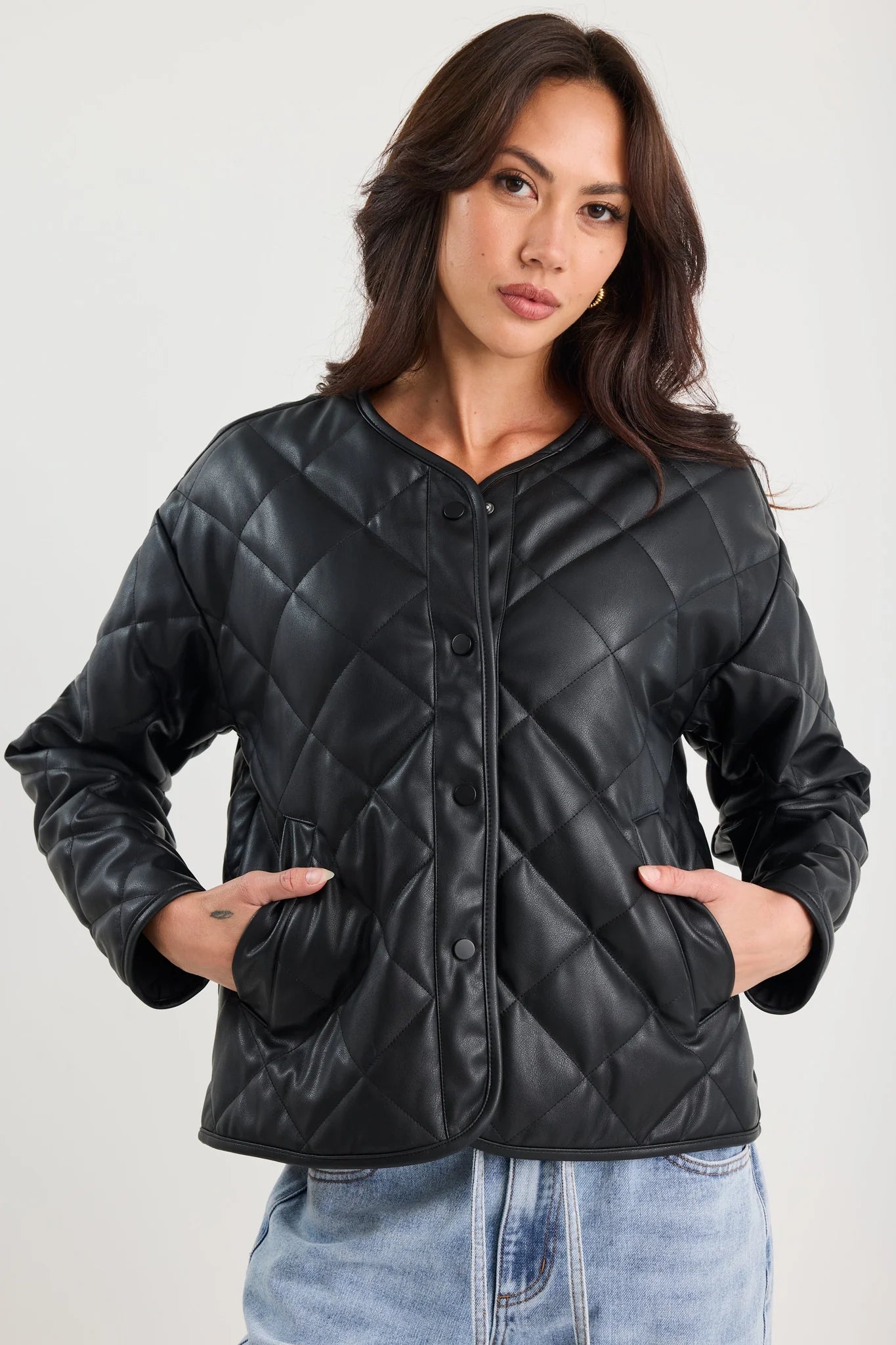 Apex Black Leather Collarless Quilted Puffer Jacket