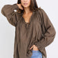 Artist Olive Voile LS Tie Front Relaxed Gathered Top