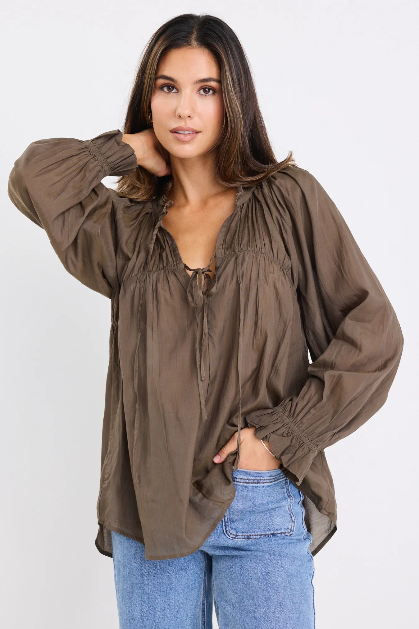 Artist Olive Voile LS Tie Front Relaxed Gathered Top