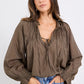 Artist Olive Voile LS Tie Front Relaxed Gathered Top