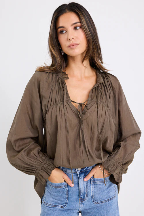Artist Olive Voile LS Tie Front Relaxed Gathered Top