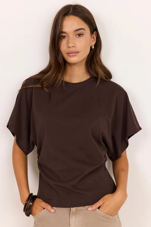 Cadence Chocolate Cotton Gathered Waist Detail Short Sleeve Tee