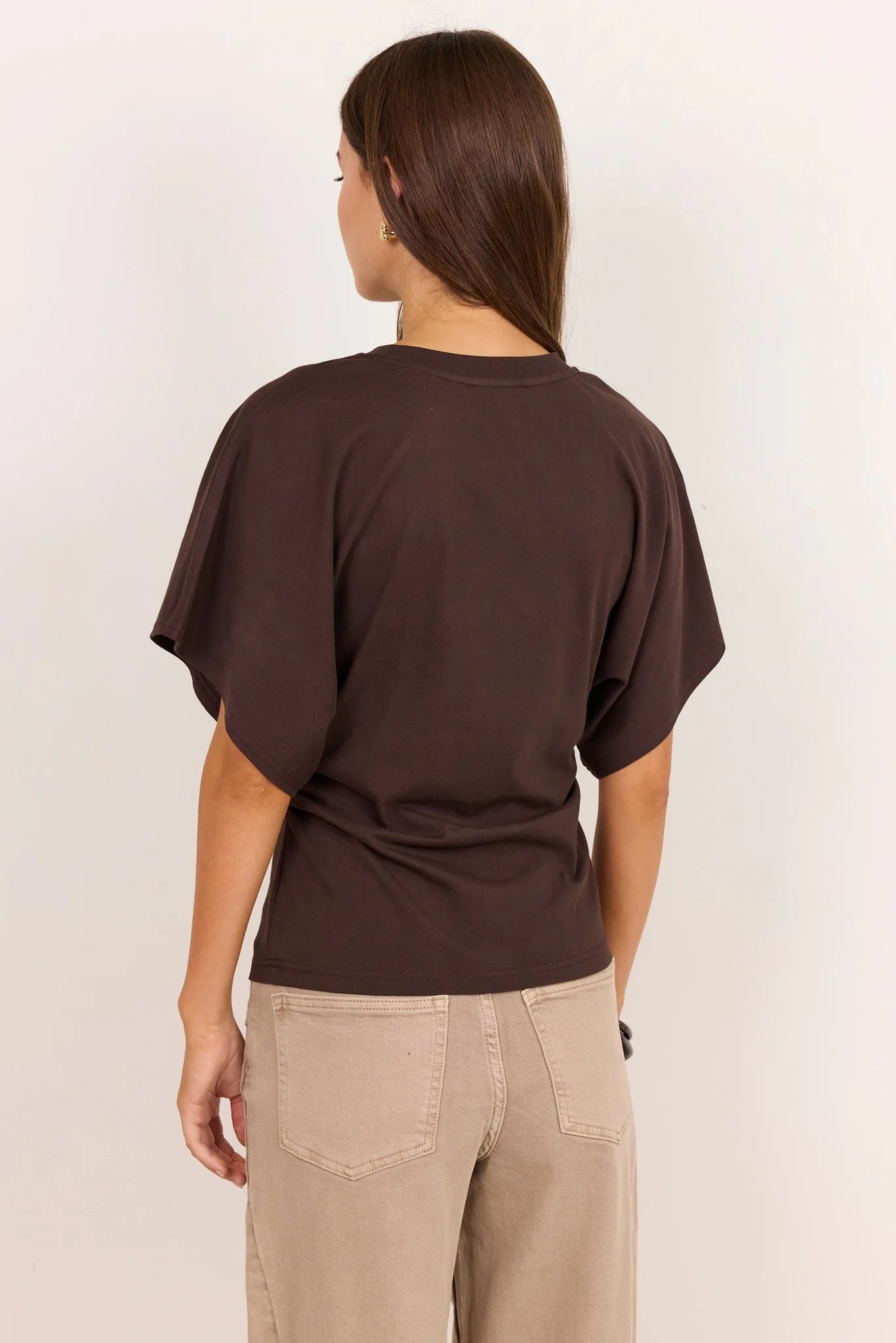Cadence Chocolate Cotton Gathered Waist Detail Short Sleeve Tee