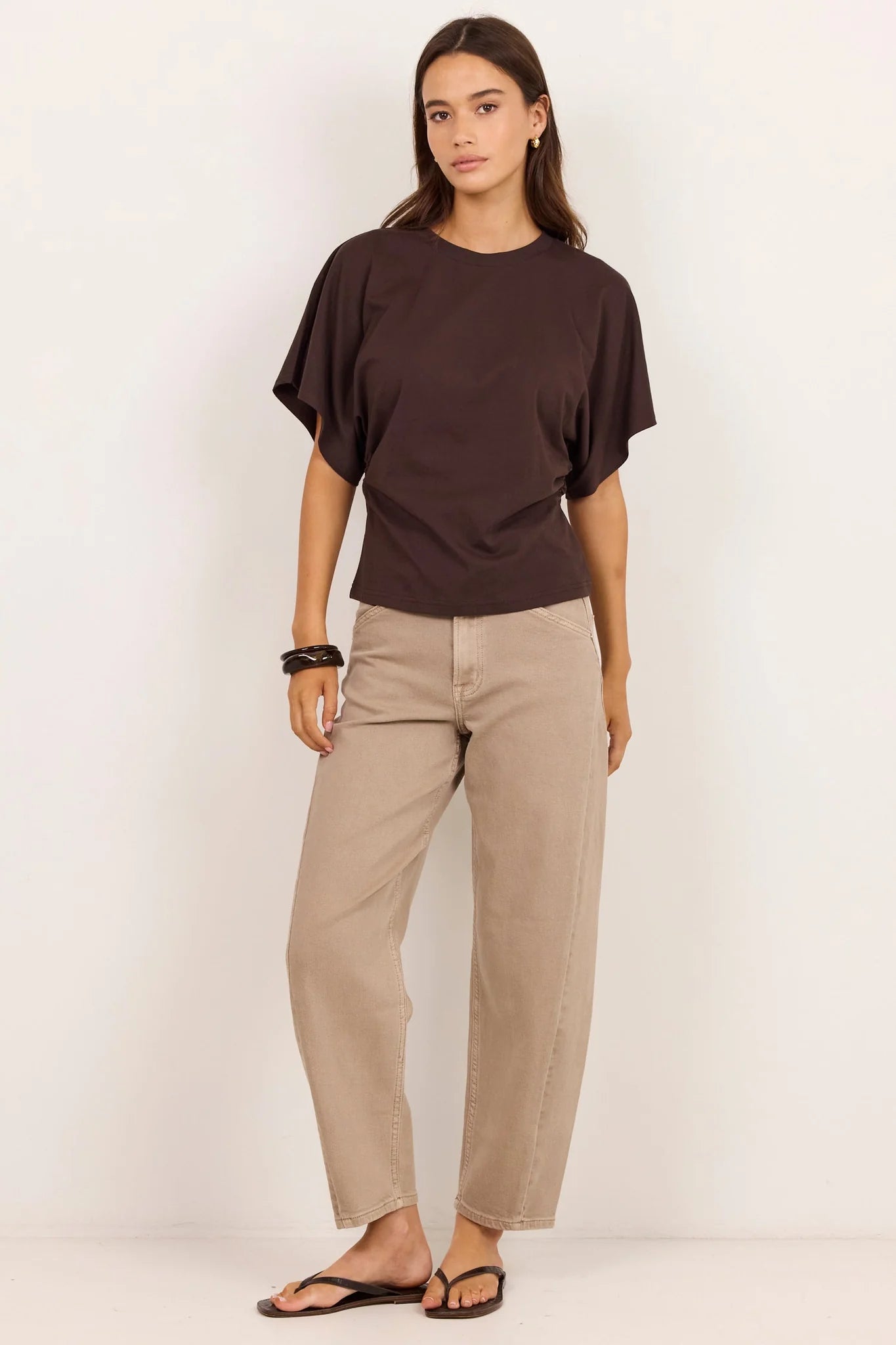 Cadence Chocolate Cotton Gathered Waist Detail Short Sleeve Tee