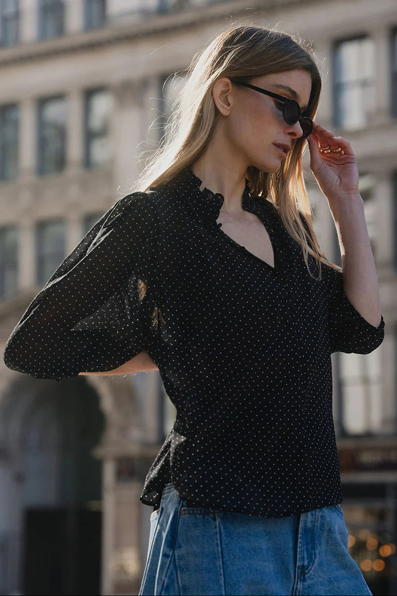 Closure Black Mini Polka Dot Short Sleeve Top