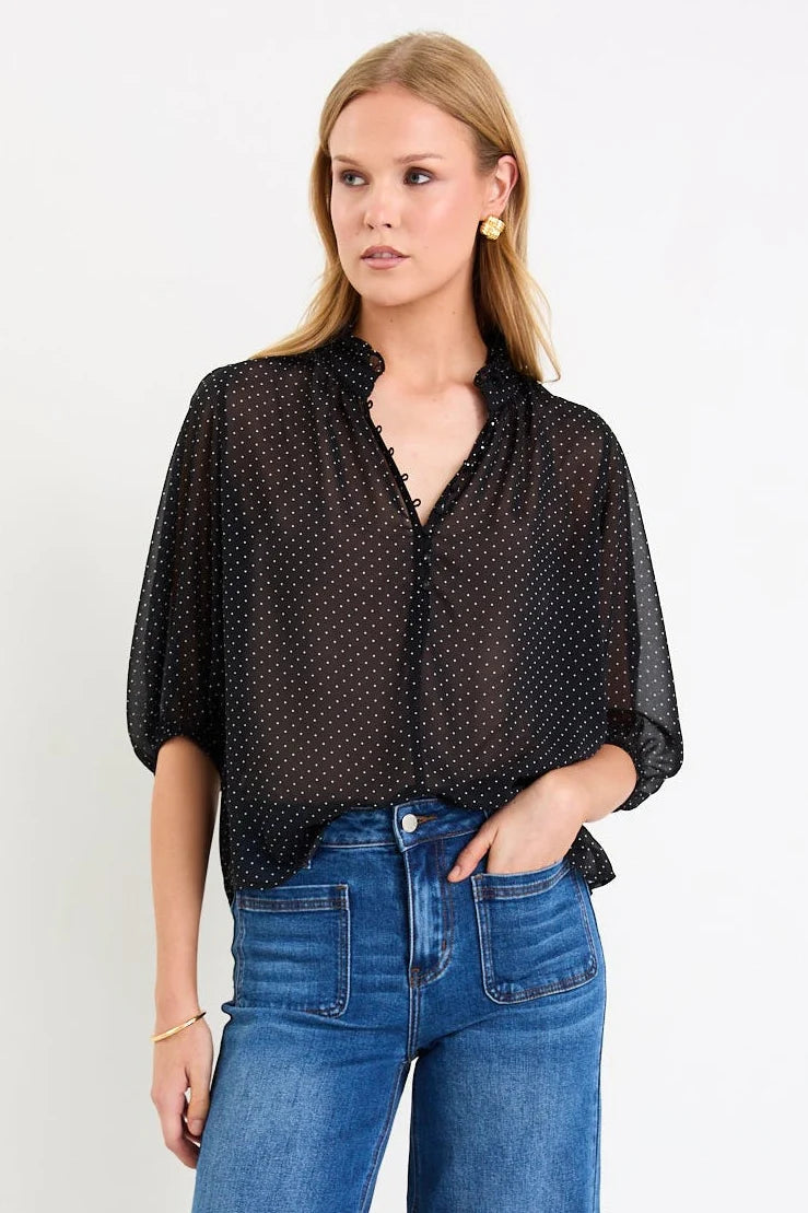 Closure Black Mini Polka Dot Short Sleeve Top