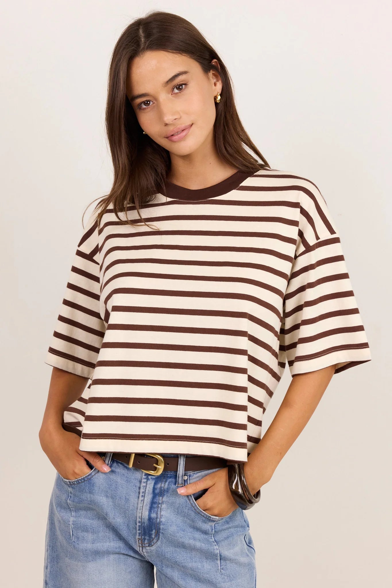 Cohesion Chocolate Vanilla Stripe Oversized Contrast Binding Boxy SS Tee