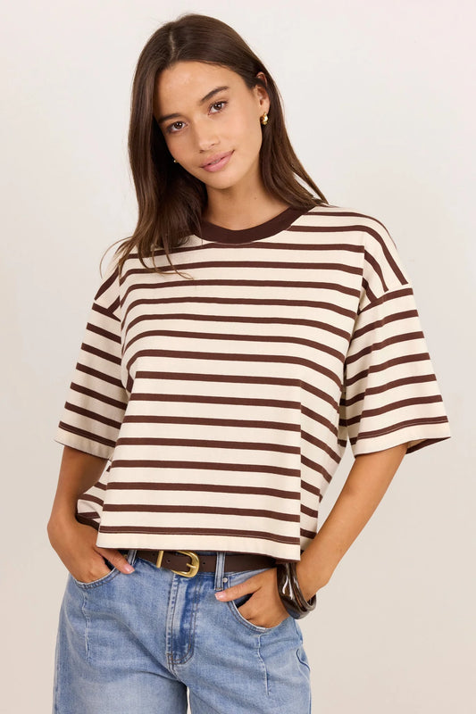 Cohesion Chocolate Vanilla Stripe Oversized Contrast Binding Boxy SS Tee