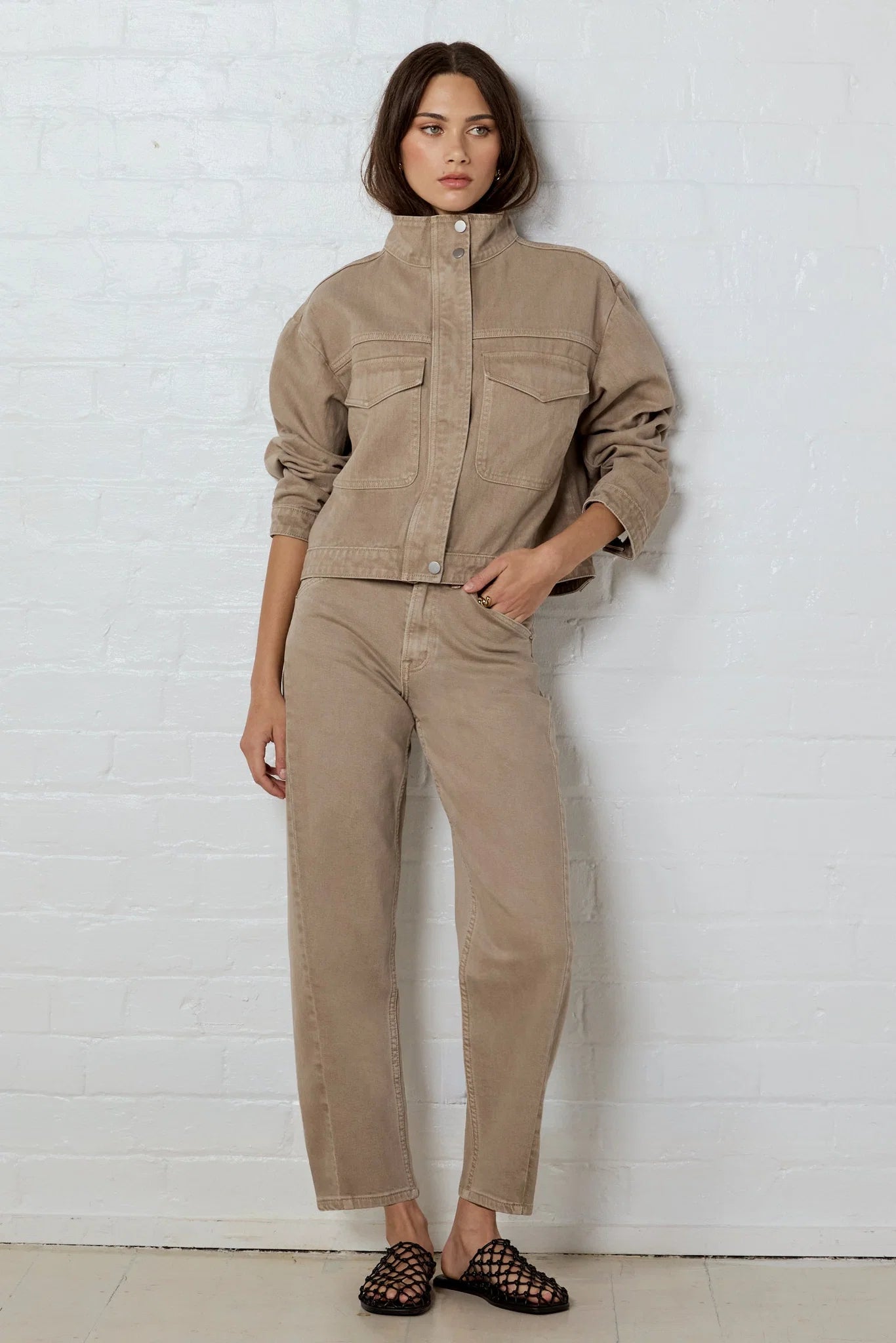 Crafted Taupe Funnel Neck Denim Jacket