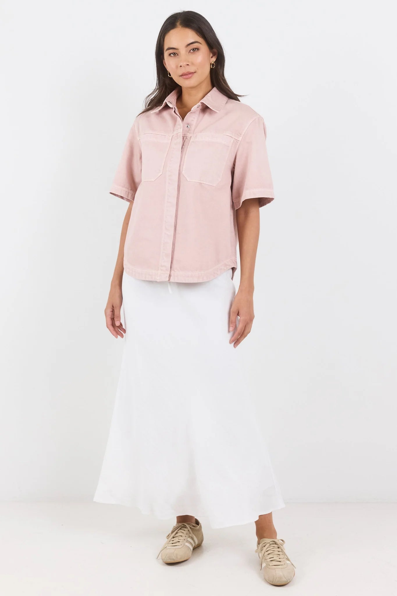 Crucial Pale Pink Denim Short Sleeve Shacket