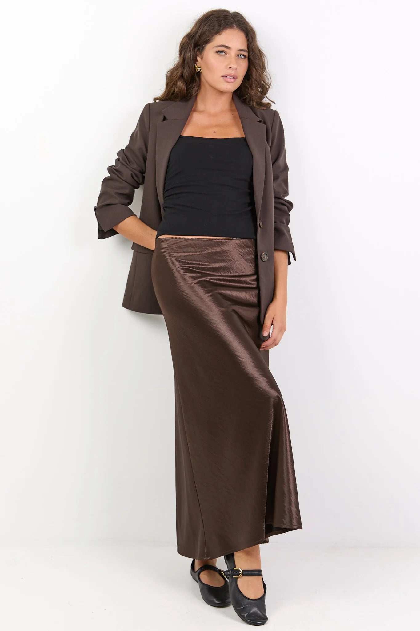 Prodigy Chocolate Satin Bias Cut Maxi Skirt