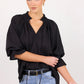 Expedition Black Self Stripe Shirred Neck Short Sleeve Top