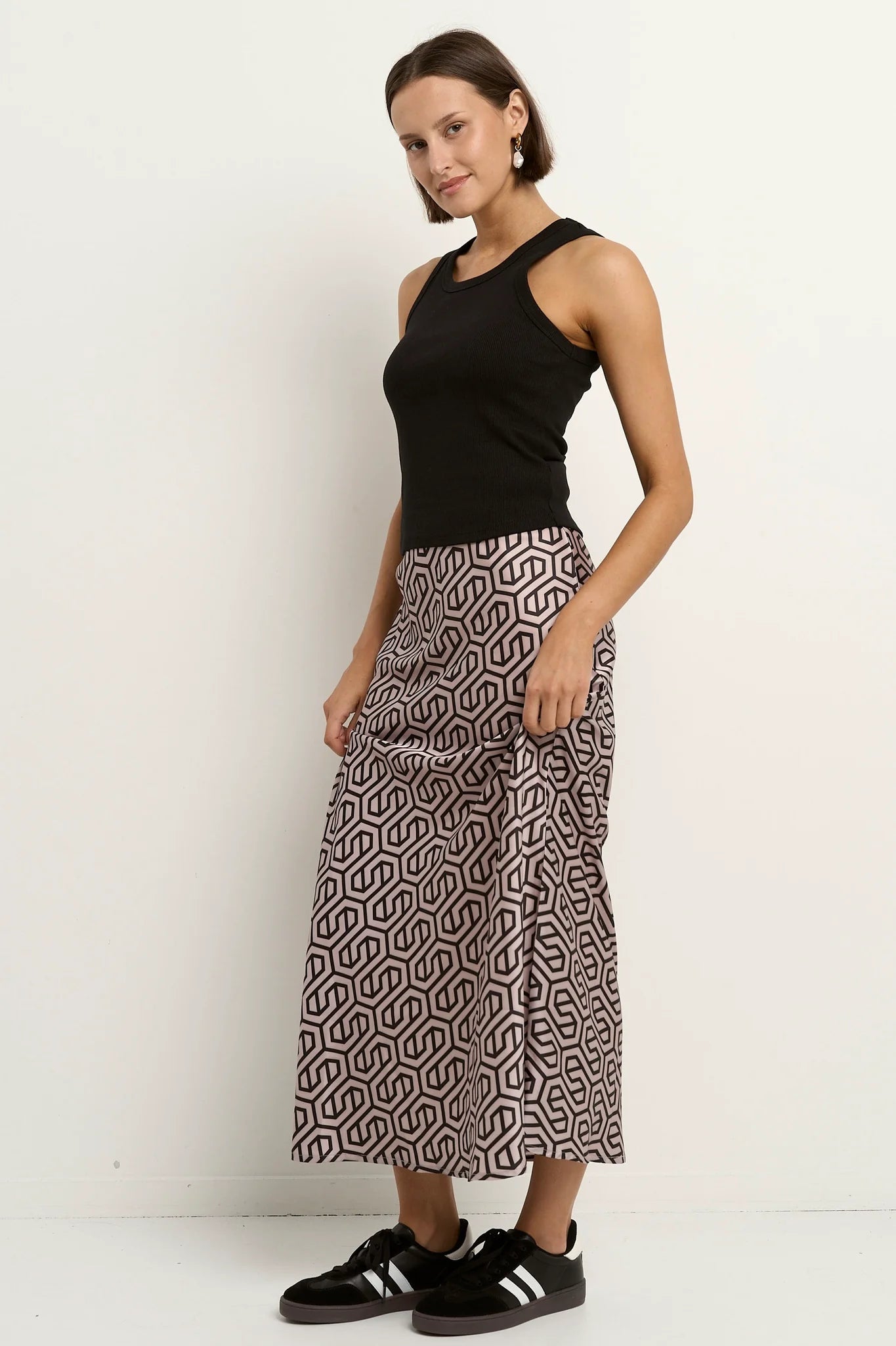 Faithful Black Geo Print Satin Bias Midi Skirt