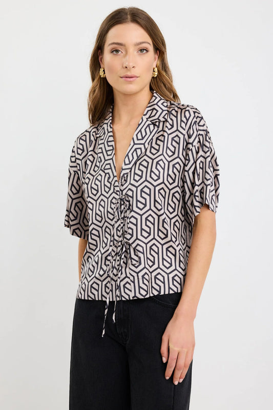 Fasten Black Geo Print Satin Tie Front Shirt