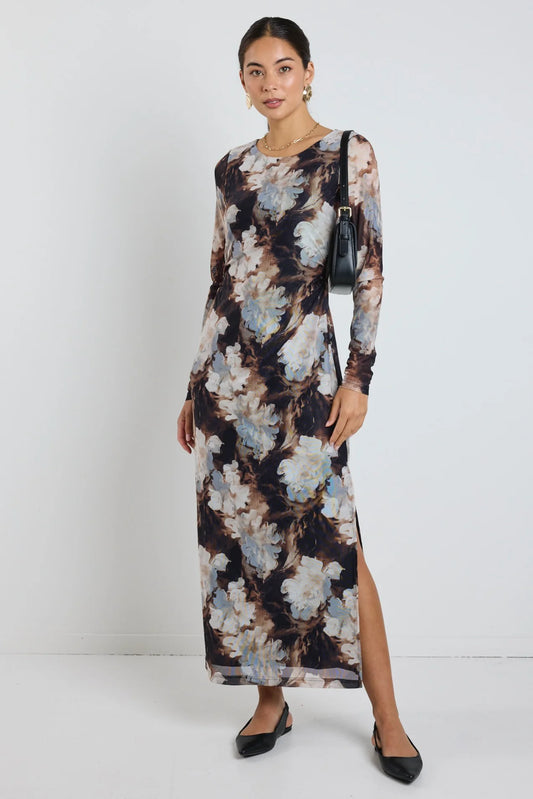 Gallery Sepia Floral Mesh Maxi Dress