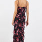 Galore Black Pint Abstract Print Bias Ruffle Slip Maxi Dress