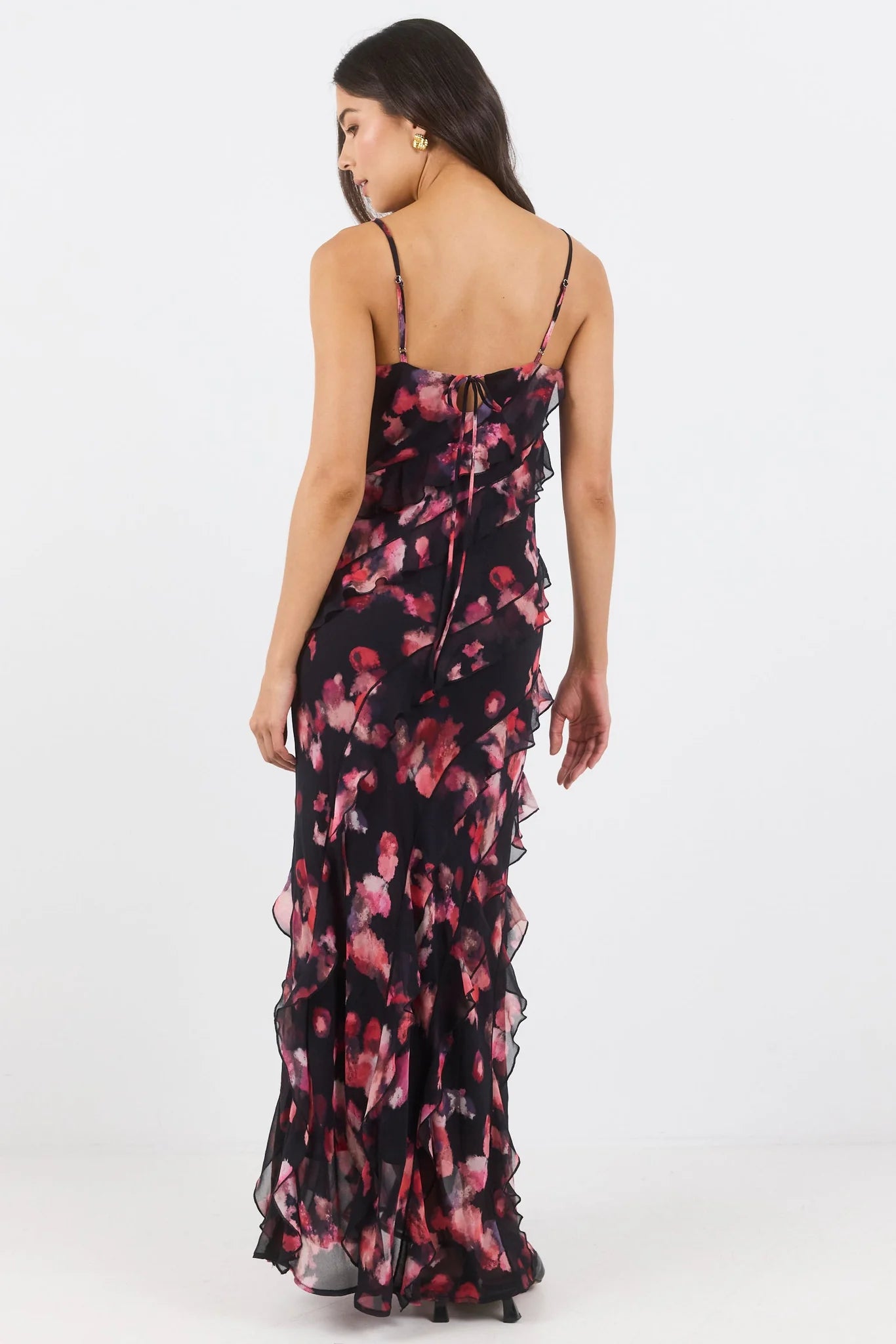 Galore Black Pint Abstract Print Bias Ruffle Slip Maxi Dress