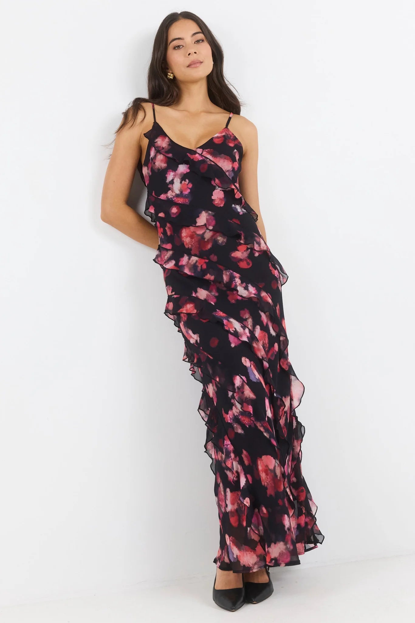 Galore Black Pint Abstract Print Bias Ruffle Slip Maxi Dress