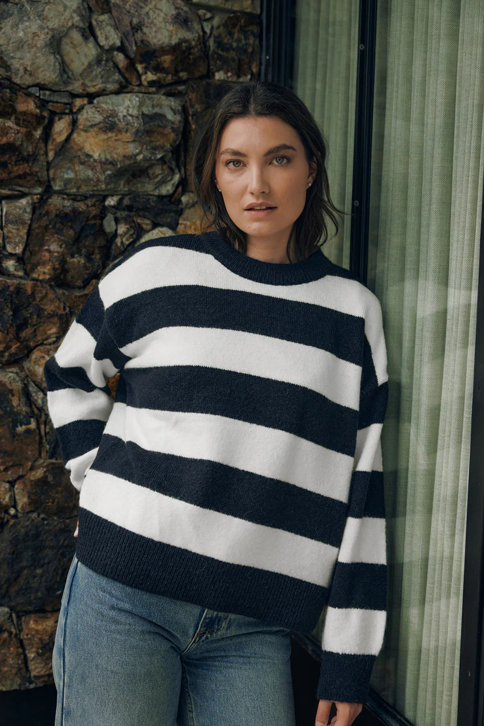 Kenzie Stripe Knit Crew - Navy/White
