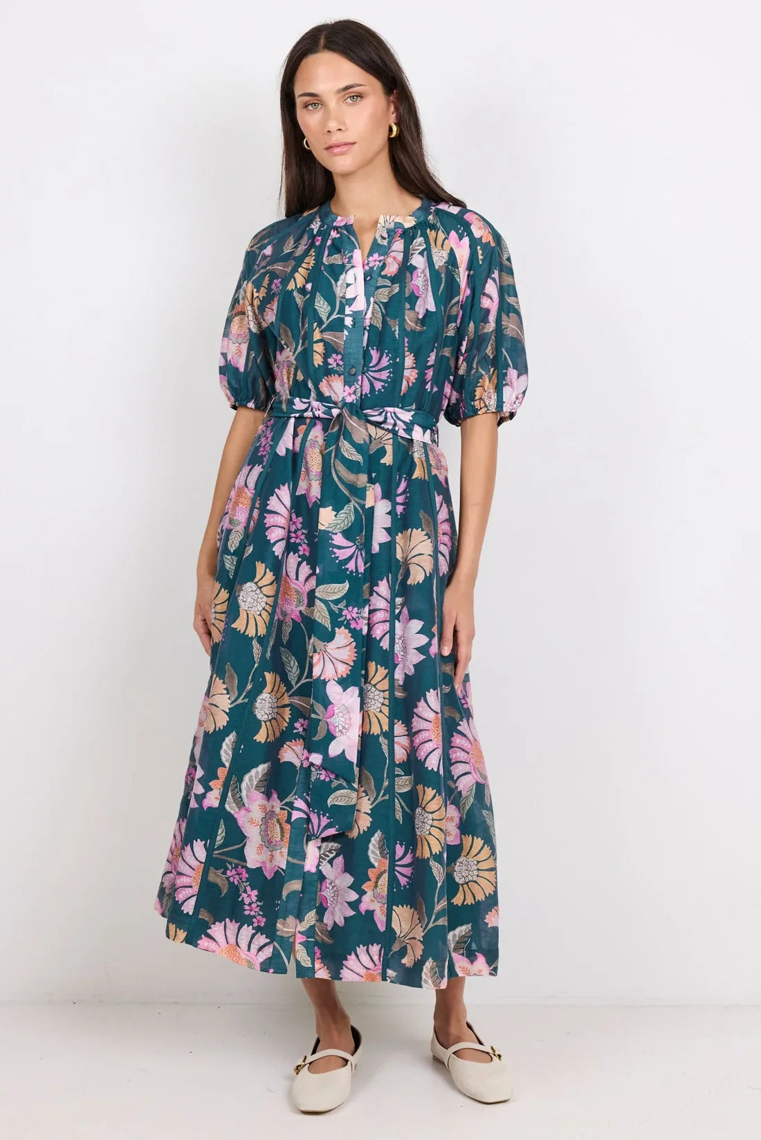 Intuition Petrol Scarf Print Puff Sleeve Maxi Shirt Dress