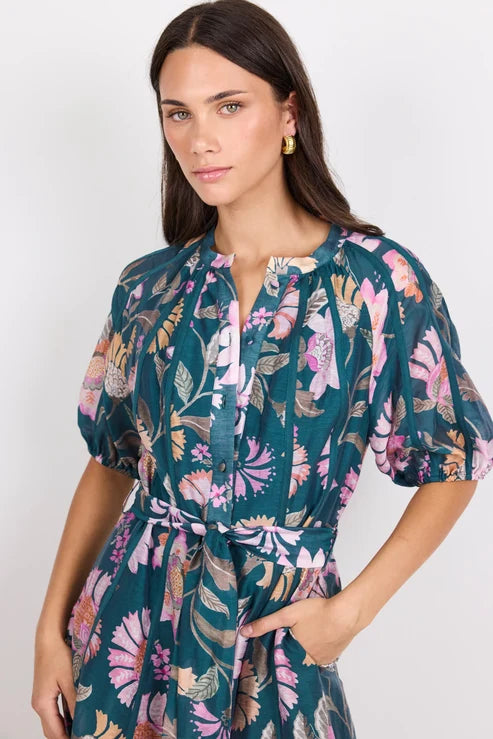 Intuition Petrol Scarf Print Puff Sleeve Maxi Shirt Dress