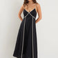 Marine Black Contrast Piped Linen Strappy Maxi Dress