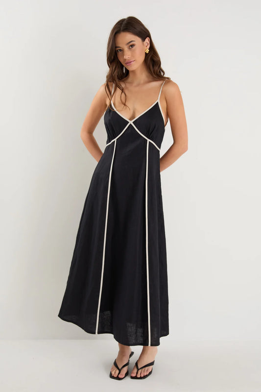 Marine Black Contrast Piped Linen Strappy Maxi Dress